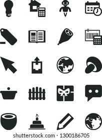 Solid Black Vector Icon Set - remove label vector, upload archive data, birthday cake, estimate, calculation, hedge, book, porcini, grill chicken leg, half of coconut, planet, light bulb, pan, think