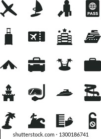 Solid Black Vector Icon Set - suitcase vector, passport, sand castle, plane, passenger, rolling, ticket, hotel, tent, palm tree, aquapark, diving mask, surfing, cruiser, hammok, yacht, windsurfing