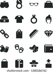 Solid Black Vector Icon Set - paper bag vector, purse, spectacles, hat with glasses, comb, warm socks, Knitted, shoes for little children, winter, T shirt, folded, hand, diamond, ring, gold, baggage
