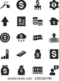Solid Black Vector Icon Set - upward direction vector, coins, a crisis, dollar, article on the, financial item, money, dollars, cash, gold bar, rain, coin, mortgage, pedestal, bag, column, gear