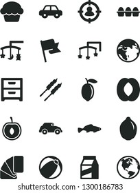 Solid Black Vector Icon Set - toys over the cradle vector, cot, baby bath ball, motor vehicle, sample of colour, flag, nightstand, package, bundle eggs, cake, barbecue, small fish, half peach, lemon