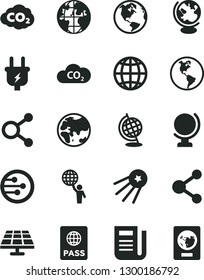 Solid Black Vector Icon Set - globe vector, earth, passport, solar panel, planet, plug, CO2, carbon dyoxide, connection, connections, newspaper, network, man hold world, first satellite