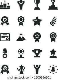 Solid Black Vector Icon Set - star vector, pedestal, medal, winner, laurel branch, podium, prize, cup, gold, reward, man hands up, mountain flag, with pennant, certificate, stars around