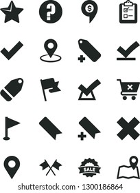 Solid Black Vector Icon Set - add bookmark vector, check mark, cross, label, pennant, question, star, flag, crossed cart, survey, location, geolocation, sale, flags, vote, confirm, dollar pin, map