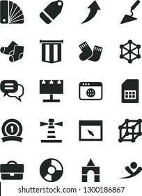 Solid Black Vector Icon Set - warm socks vector, Knitted, box of bricks, building trowel, color samples, label, SIM card, lighthouse, billboard with illumination, portfolio, ring diagram, browser