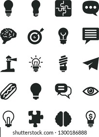 Solid Black Vector Icon Set - image of thought vector, matte light bulb, incandescent lamp, paper airplane, Puzzle, Puzzles, saving, eye, Hot Dog, coastal lighthouse, speech, brain, target, dialog