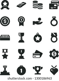 Solid Black Vector Icon Set - brick vector, cards, coins, catch a coin, winner podium, prize, award, gold cup, star medal, first place, with pennant, hero, ribbon, diamond ring, bar, dollar, gear