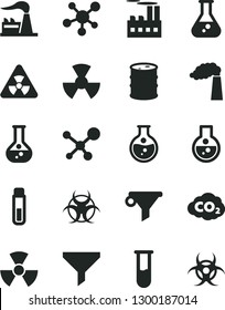Solid Black Vector Icon Set - round flask vector, manufacture, factory, barrel, industrial building, radiation, carbon dyoxide, filter, water, test tube, molecule, nuclear, biohazard