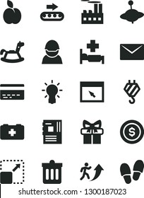 Solid Black Vector Icon Set - bank card vector, bag of a paramedic, yule, rocking horse, hook, envelope, dust bin, expand picture, apple, industrial building, production conveyor, racer, gift, bulb