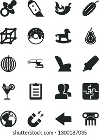 Solid Black Vector Icon Set - sign of the planet vector, left direction, women, dummy, car child seat, small rocking horse, Puzzles, knife, glazed cake with a hole, chili, cocktail, water melon