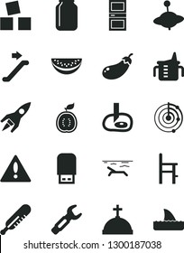 Solid Black Vector Icon Set - warning vector, measuring cup for feeding, mercury thermometer, a chair, yule, cubes children, interroom door, water melon slice, half of guawa, eggplant, jar, radar