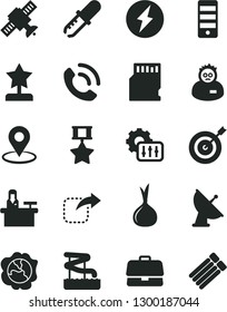 Solid Black Vector Icon Set - phone call vector, move right, squash, onion, geolocation, briefcase, pc tower, sd card, settings, satellite, pipette, scientist, antenna, electricity, star reward