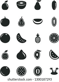 Solid Black Vector Icon Set - a pineapple vector, orange slice, fig, half of mango, melon, date fruit, tangerine, sweet, kiwi, passion, guava, guawa, piece coconut, grapefruit, ripe, part, persimmon