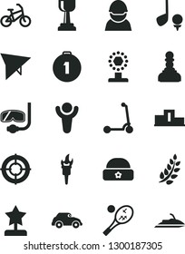 Solid Black Vector Icon Set - child Kick scooter vector, warm hat, racer, retro car, flame torch, winner, laurel branch, pedestal, cup, gold, pawn, star reward, first place medal, aim, hang glider