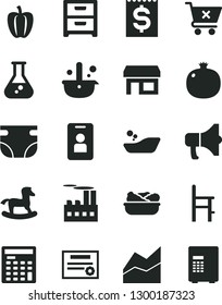 Solid Black Vector Icon Set - line chart vector, nappy, children's bathroom, a chair for feeding, small rocking horse, nightstand, crossed cart, megaphone, lettuce in plate, pomegranate, Bell pepper