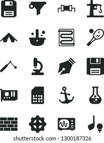 Solid Black Vector Icon Set - brickwork vector, heating coil, anchor, flask, gear, tower crane, welding, SIM, metallurgy, water filter, pc card, floppy, microscope, oscilloscope, ink pen, resistor