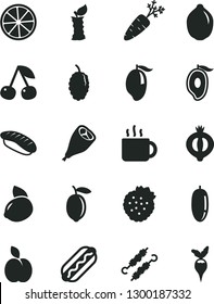 Solid Black Vector Icon Set - Hot Dog vector, grill chicken leg, meat on skewers, japanese sushi, cup of tea, strawberries, apple, cherry, half medlar, mulberry, mango, date fruit, lemon, yellow