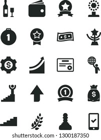 Solid Black Vector Icon Set - upward direction vector, wallet, dollars, laurel branch, cup, star, pawn, stairway, growth graph, winner, man holds world, first place medal, ribbon, certificate, wine