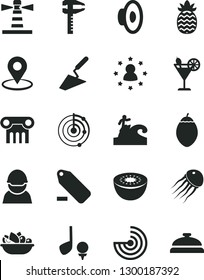 Solid Black Vector Icon Set - loudspeaker vector, remove label, trowel, a plate of fruit, cocktail, kiwi, tamarillo, pineapple, racer, calipers, lighthouse, geolocation, radar, stars around man