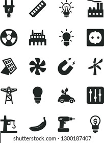 Solid Black Vector Icon Set - cordless drill vector, bulb, regulator, banana, marine propeller, wind energy, power pole, electric plug, socket, industrial building, factory, radiation hazard, light