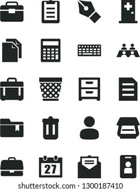 Solid Black Vector Icon Set - daily calendar vector, wicker pot, clean paper, calculator, folder bookmark, portfolio, received letter, case, nightstand, briefcase, man, conversation, keyboard, file