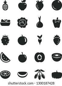 Solid Black Vector Icon Set - lettuce in a plate vector, peper, pineapple, orange slice, half apricot, squash, red apple, raspberry, strawberry, blackberry, goji berry, tangerine, tasty plum, kiwi