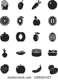 Solid Black Vector Icon Set - canned goods vector, slices of onion, lettuce in a plate, cabbage, beet, carrot, fried potato, strawberries, apple, pomegranate, tasty mulberry, melon, half mango