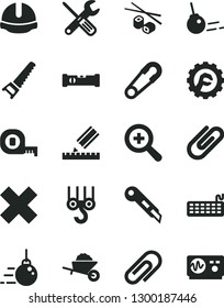 Solid Black Vector Icon Set - clip vector, zoom, cross, safety pin, winch hook, big core, garden trolley, small tools, hand saw, measuring tape, construction level, drawing, helmet, star gear