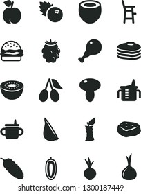 Solid Black Vector Icon Set - mug for feeding vector, measuring cup, a chair child, burger, mushroom, chicken leg, piece of meat, cucumber, beet, garlic, blueberries, pancakes, peach, cornels, kiwi