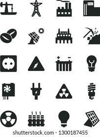 Solid Black Vector Icon Set - matte light bulb vector, radiator, coffee beans, big solar panel, oil derrick, coal mining, modern gas station, battery, power line, electric plug, socket, factory, sun