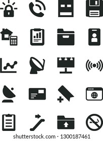 Solid Black Vector Icon Set - add bookmark vector, graph, upload folder, estimate, pass card, phone call, satellite dish, antenna, billboard with illumination, statistical report, usb, browser