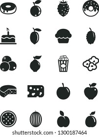 Solid Black Vector Icon Set - cake vector, piece of cheese, with a hole, glazed, popcorn, cup, apple, quince, red, tasty raspberry, blueberry, blueberries, mulberry, melon, plum, lemon, guava