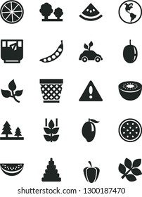 Solid Black Vector Icon Set - warning vector, wicker pot, stacking toy, a glass of tea, mint, mango, water melon slice, passion fruit, kiwi, half, lemon, ripe pepper, peas, leaves, planet Earth