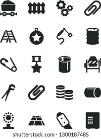 Solid Black Vector Icon Set - clip vector, open pin, concrete mixer, adjustable wrench, ladder, knife, paving slab, new radiator, barrel, pipe, pipes, gas welding, trolley with coal, gears, coins