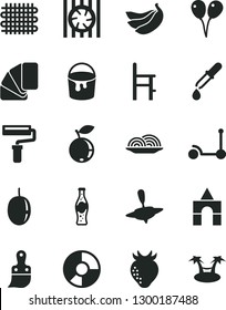 Solid Black Vector Icon Set - paint roller vector, a chair for feeding, small yule, box of bricks, colored air balloons, Kick scooter, bucket, sample colour, plastic brush, onion, bottle soda