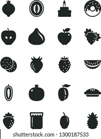 Solid Black Vector Icon Set - birthday cake vector, glazed with a hole, pie, jam, biscuit, pomegranate, branch of grape, red apple, tasty, raspberry, strawberry, fig, medlar, mulberry, half melon