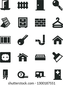 Solid Black Vector Icon Set - house vector, bedside table, brickwork, window frame, long meashuring tape, siphon, power socket type f, key, ntrance door, brick, putty knife, new radiator, hanger