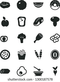 Solid Black Vector Icon Set - plates and spoons vector, sausage, fried vegetables on sticks, pizza, mushroom, glazed cake with a hole, chicken thigh, cabbage, piece of meat, French fries, sushi, egg
