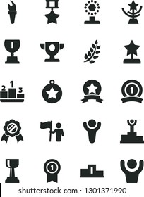 Solid Black Vector Icon Set - pedestal vector, flame torch, winner, laurel branch, podium, prize, award, cup, gold, star, reward, medal, man hold flag, with pennant, ribbon, hero, hands up