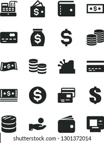 Solid Black Vector Icon Set - bank card vector, purse, dollar, cards, coins, front of the, column, denomination, catch a coin, wallet, money, cash, machine, cashbox, atm