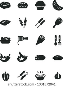 Solid Black Vector Icon Set - iron fork spoons vector, sausage, fried vegetables on sticks, noodles, cake, pie, apple, porridge in a saucepan, lettuce plate, chicken thigh, grill leg, chop, barbecue