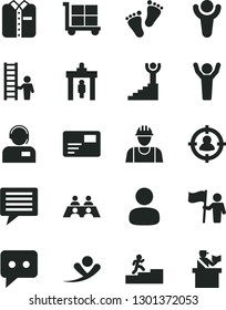 Solid Black Vector Icon Set - image of thought vector, cargo trolley, footprints, builder, pass card, operator, folded shirt, man, in sight, think, conversation, winner, carrer stairway, hands up