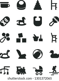 Solid Black Vector Icon Set - toys over the cradle vector, bib, baby, beanbag, rattle, car child seat, carriage, rubber duck, bath ball, stacking toy, tumbler, sand set, children's potty, train