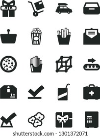 Solid Black Vector Icon Set - medical bag vector, e, received letter, drawer, cardboard box, shipment, pizza, French fries, fried potato slices, popcorn, cup of, production conveyor, shopping basket