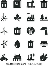 Solid Black Vector Icon Set - bin vector, dust, drop, bag with handles, solar panel, working oil derrick, leaves, windmill, wind energy, manufacture, hydroelectricity, forest, industrial building