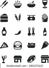 Solid Black Vector Icon Set - plastic fork spoons vector, fried vegetables on sticks, piece of pizza, big burger, cake, a bowl rice porridge, in saucepan, lettuce plate, grill chicken leg, barbecue