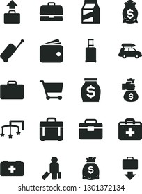 Solid Black Vector Icon Set - first aid kit vector, toys over the cot, bag of a paramedic, portfolio, case, package, cart, briefcase, wallet, money, dollars, hand, car baggage, passenger, suitcase