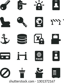 Solid Black Vector Icon Set - prohibition vector, Baby chair, door knob, road fence, key, anchor, passport, big data, reverse side of a bank card, encrypting, airport tower, rope barrier, identity