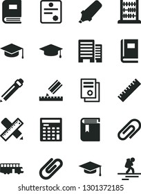 Solid Black Vector Icon Set - clip vector, graphite pencil, yardstick, book, abacus, buildings, writing accessories, drawing, square academic hat, text highlighter, scientific publication, graduate