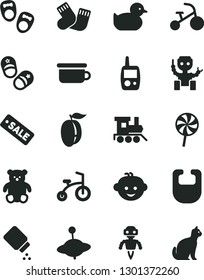 Solid Black Vector Icon Set - baby powder vector, bib, duckling, warm socks, toy mobile phone, children's potty, small teddy bear, hairdo, train, yule, child bicycle, tricycle, lollipop, ripe plum